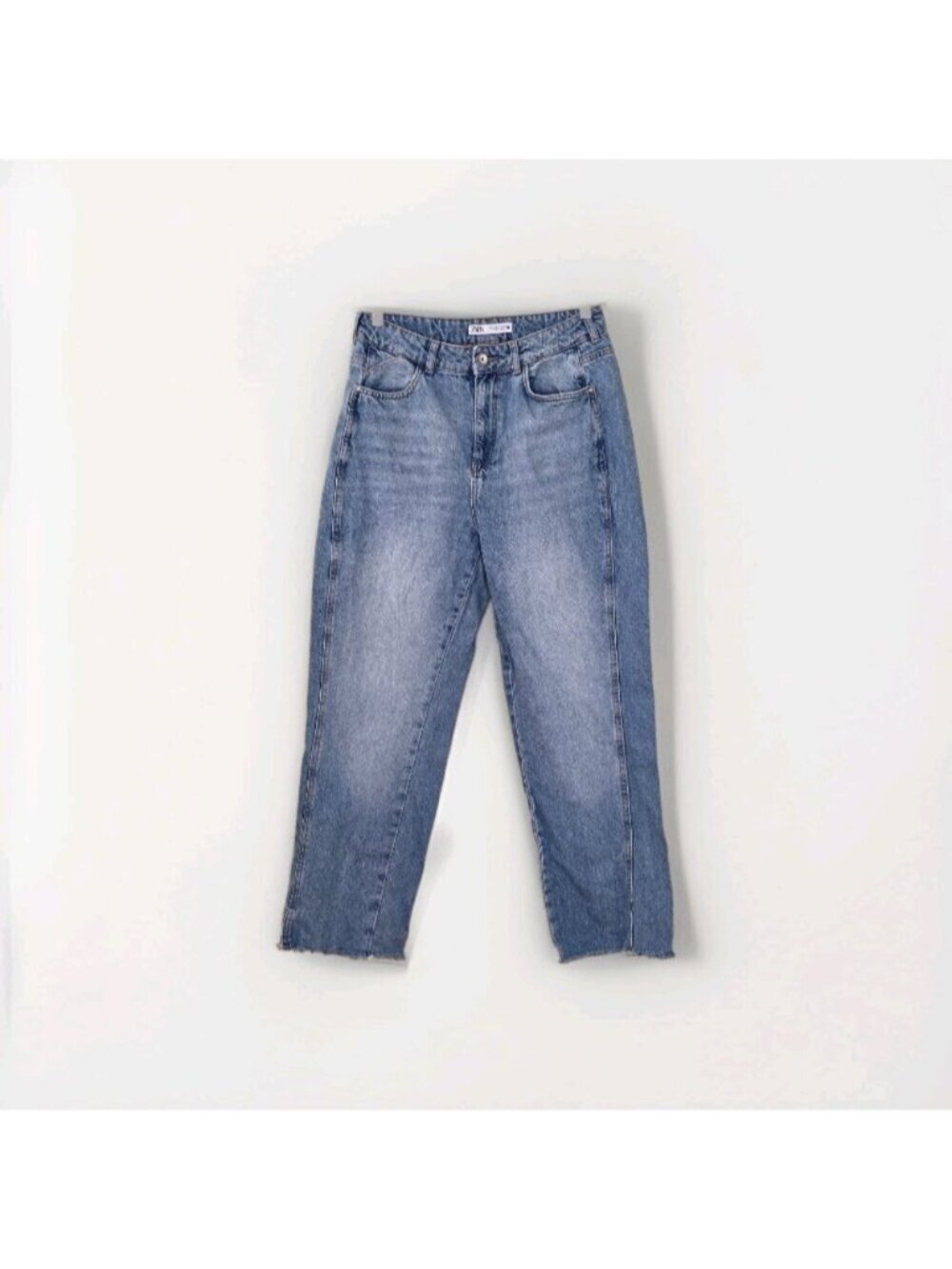 Zara Jeans Womens 8 Blue Straight Leg Cotton Boho Hippie Raw Hem Preppy Denim